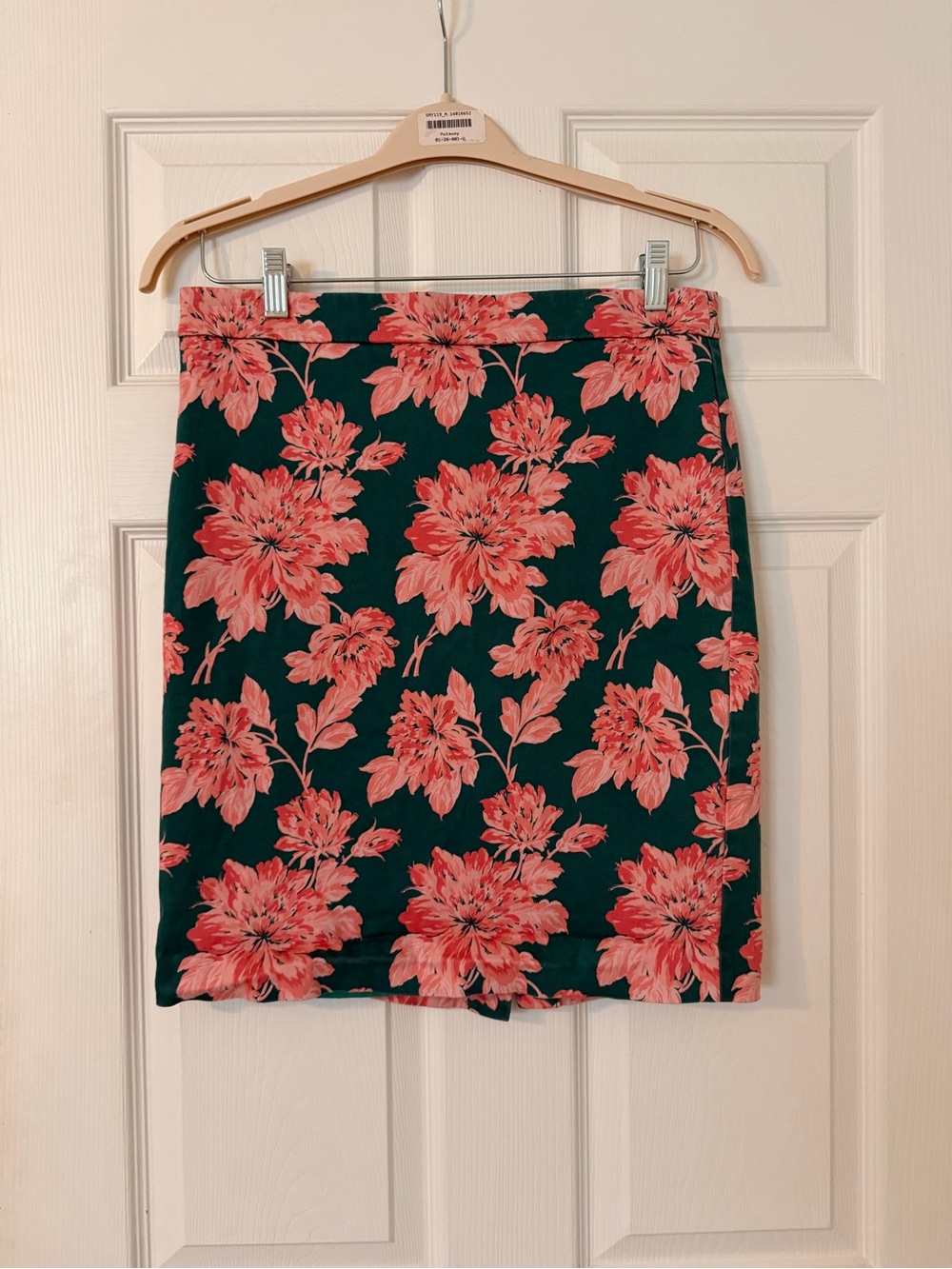 J. Crew Green Pencil Skirt with Coral Floral Print